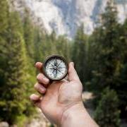 Hand holding a compass pointing north in front of a wooded background of pine trees.