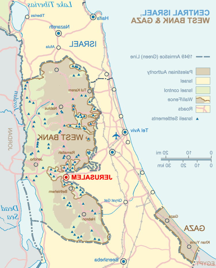 Map of central Israel, West Bank and Gaza