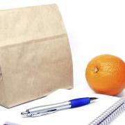 Brown bag, notebook, pen and an orange