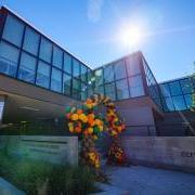 Crown Institute building exterior with balloon arch