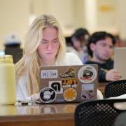 Students working on laptops in Norlin Library